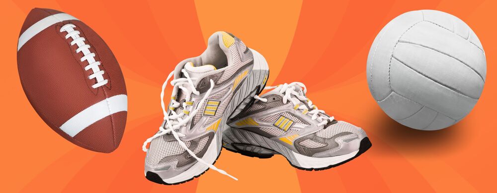 Picture of fall athletics: football, running shoes, volleyball