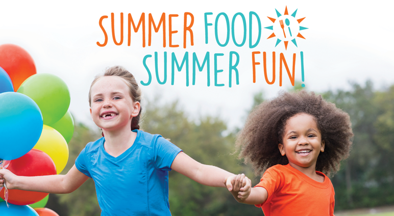 Two children smile, holding hands with balloons. Text says "summer food, summer fun"