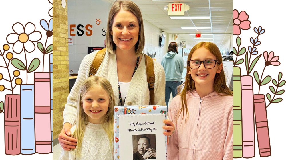 Mother poses with children and their project