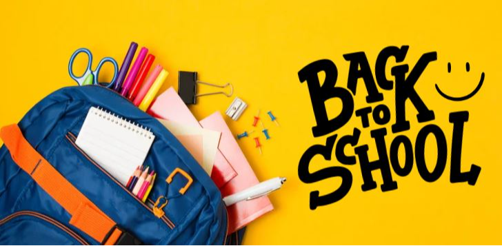 backpack with supplies and yellow background - back-to-school