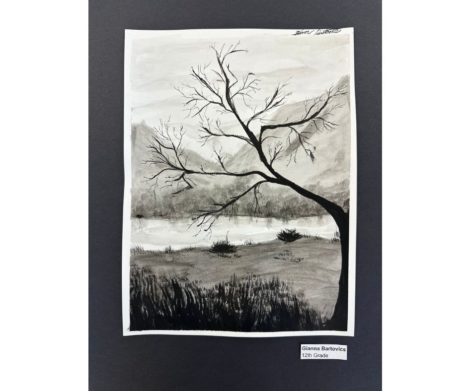 A black and white ink drawing of a tree and water.