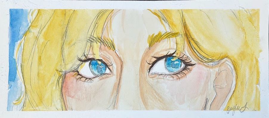 Watercolor portrait, featuring blue eyes and golden hair.