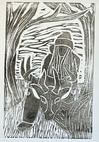 Print of student holding a deer