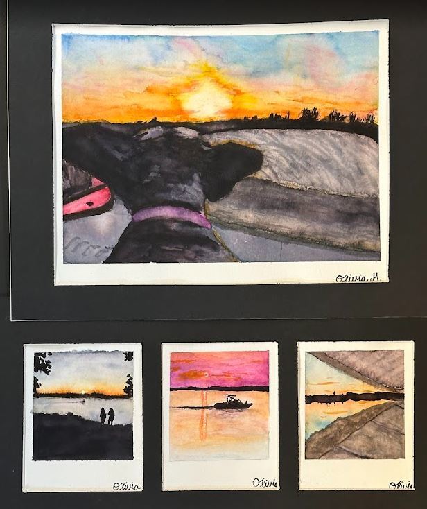 A collection of four water colors, three of which depict the beach, and one larger showing the back of a dogs head.