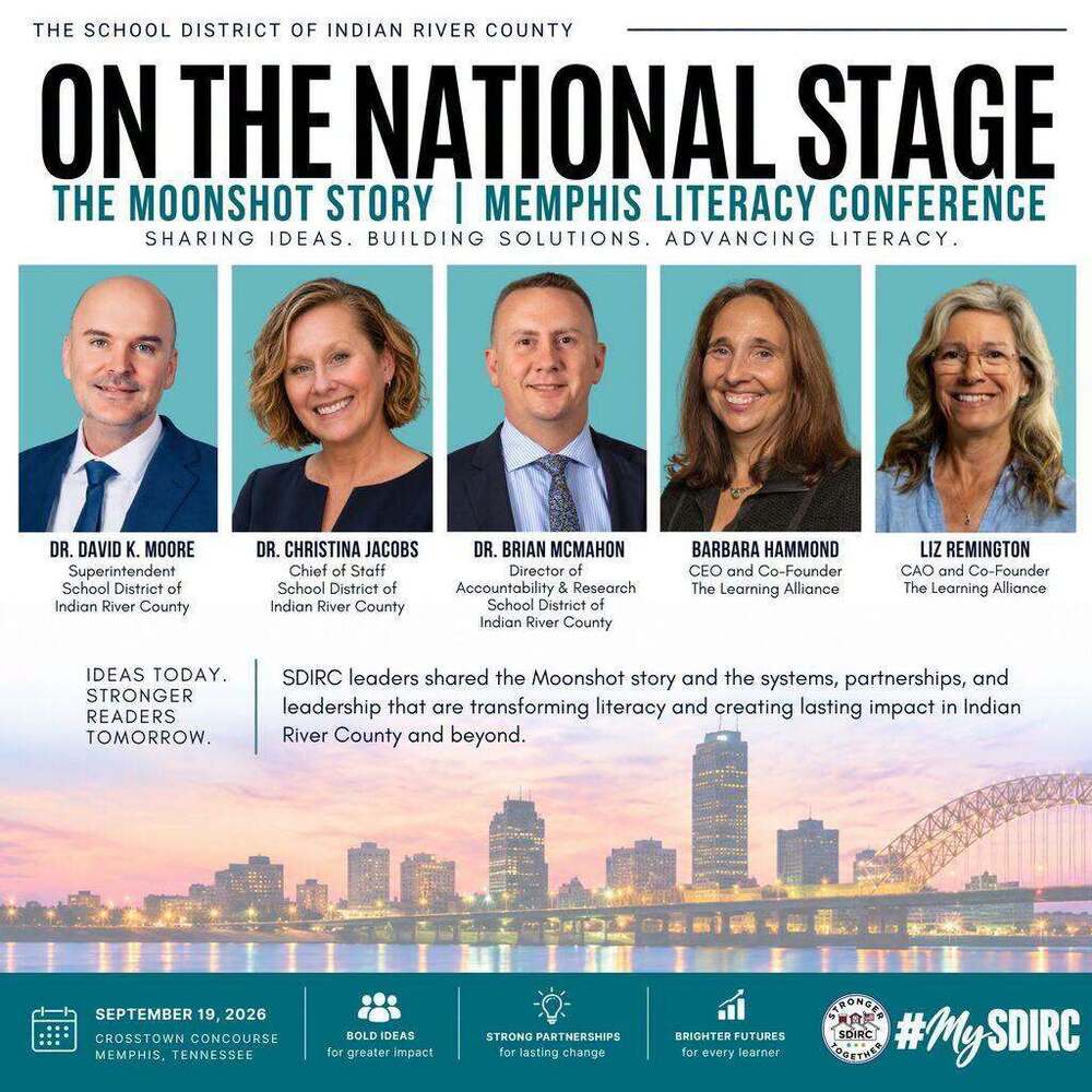 Graphic titled “On the National Stage: The Moonshot Story | Memphis Literacy Conference” featuring Dr. David K. Moore, Dr. Christina Jacobs, Dr. Brian McMahon, Barbara Hammond, and Liz Remington. The graphic notes their September 19, 2026 presentation in Memphis, Tennessee, highlighting literacy leadership, community partnerships, and the School District of Indian River County’s Moonshot Story.