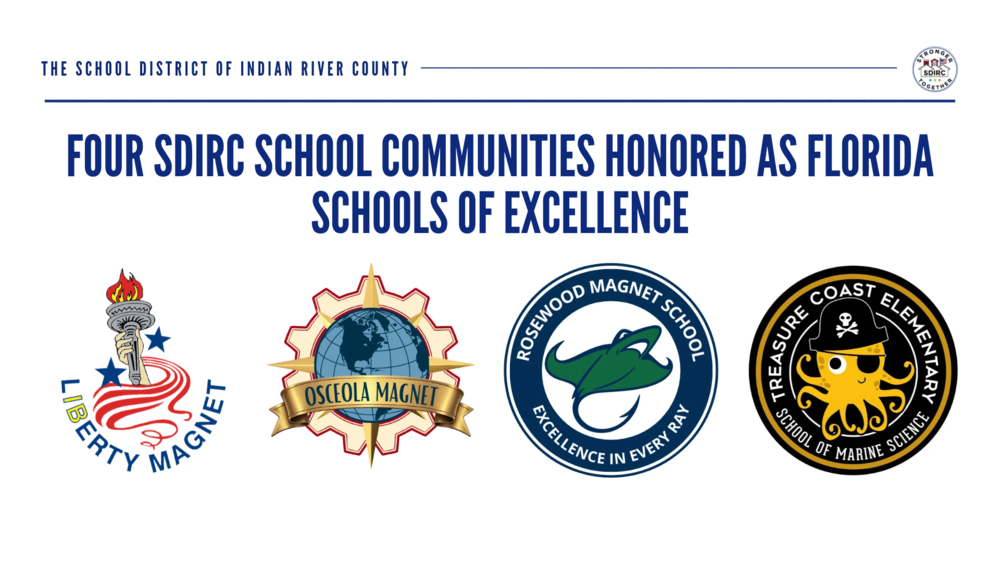 School logos of four schools designated FLDOE Schools of Excellence. From left to right Liberty Magnet, Osceola Magnet, Rosewood Magnet, and Treasure Coast Elementary Schools