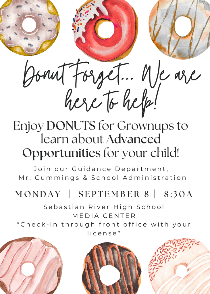 Flyer for Donuts for Grownups happening September 8, 8:30-9:30 in the media center to learn about advanced opportunities for their child.
