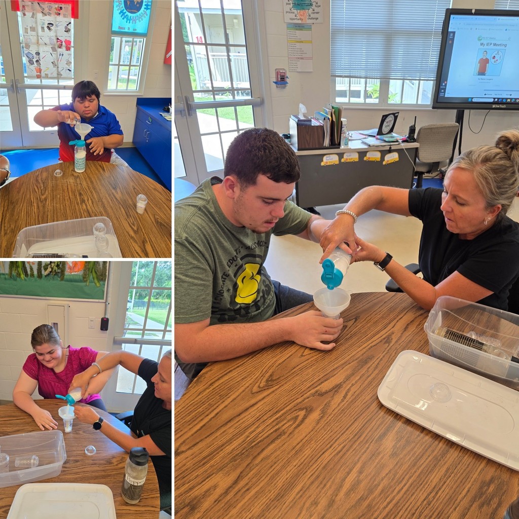 Students measuring salt with a job coach assisting
