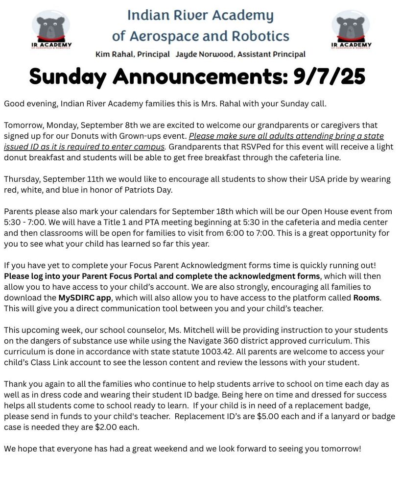 IRA Sunday Announcements