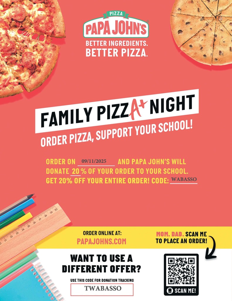 Pizza night with code Wabasso for 20% discount at papa johns