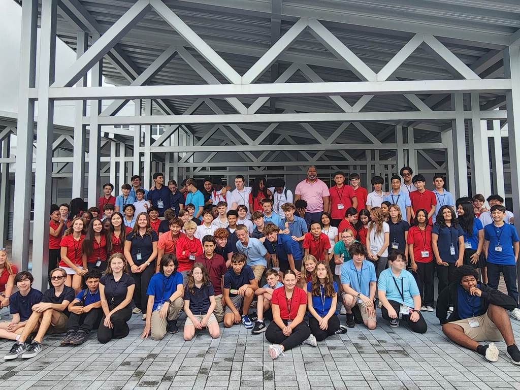 Students wearing red, white and blue