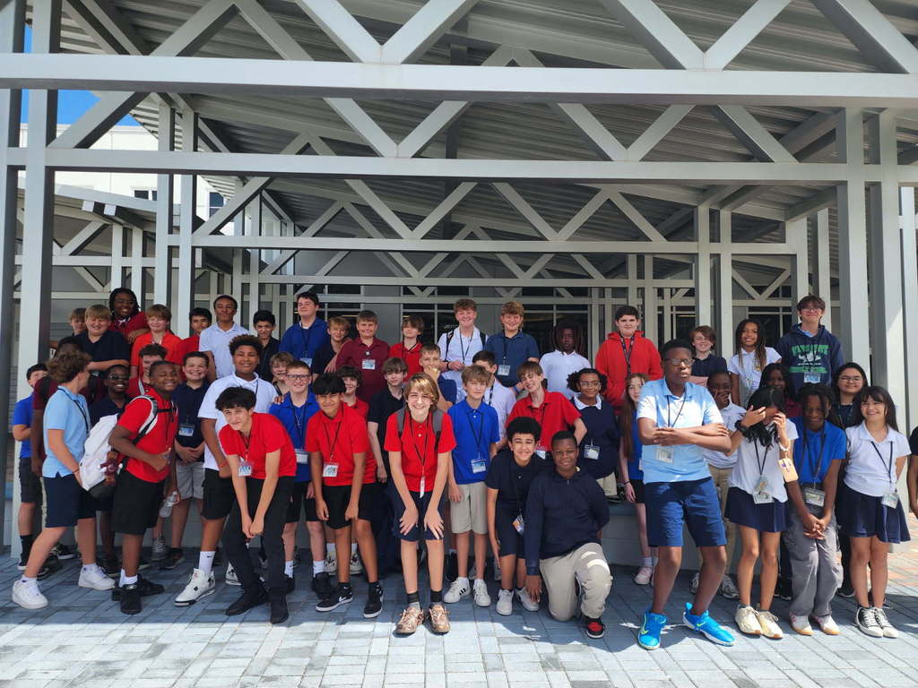 Students wearing red, white and blue