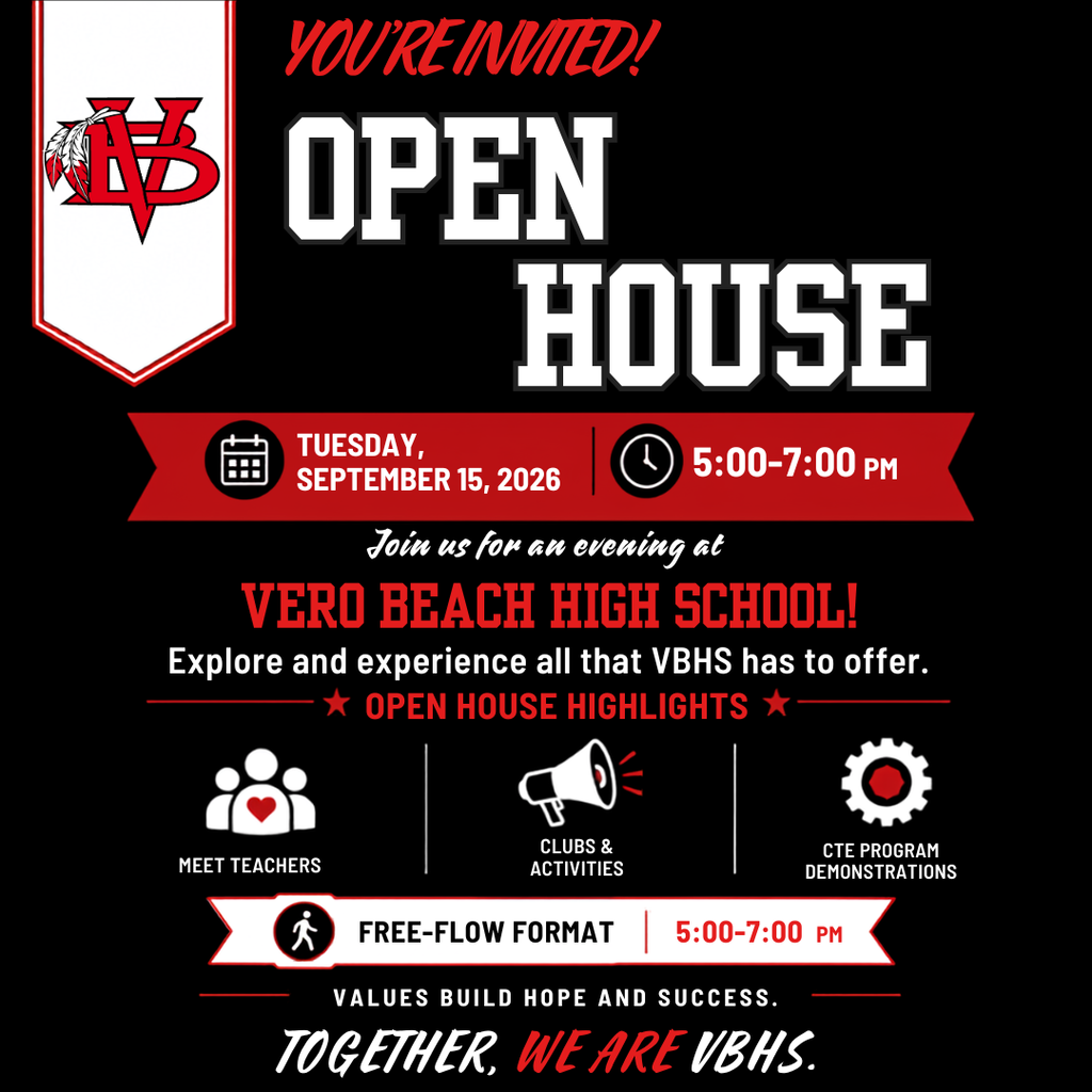  You’re Invited to VBHS Open House!   Join us Tuesday, September 15, from 5–7 PM to explore all that Vero Beach High School has to offer!  ✨ Meet teachers 📣 Discover clubs & activities ⚙️ Explore CTE programs  Come see what makes VBHS special! Together, We Are VBHS! 