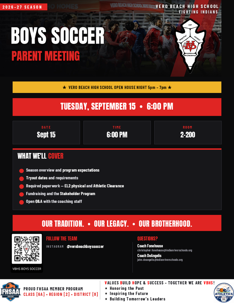 ⚽ VBHS Boys Soccer Parent Meeting! ❤️🖤  Calling all Boys Soccer parents! Join us Tuesday, September 15 at 6:00 PM in Room 2-200 for an important meeting covering the upcoming season, tryouts, requirements, fundraising, and more.