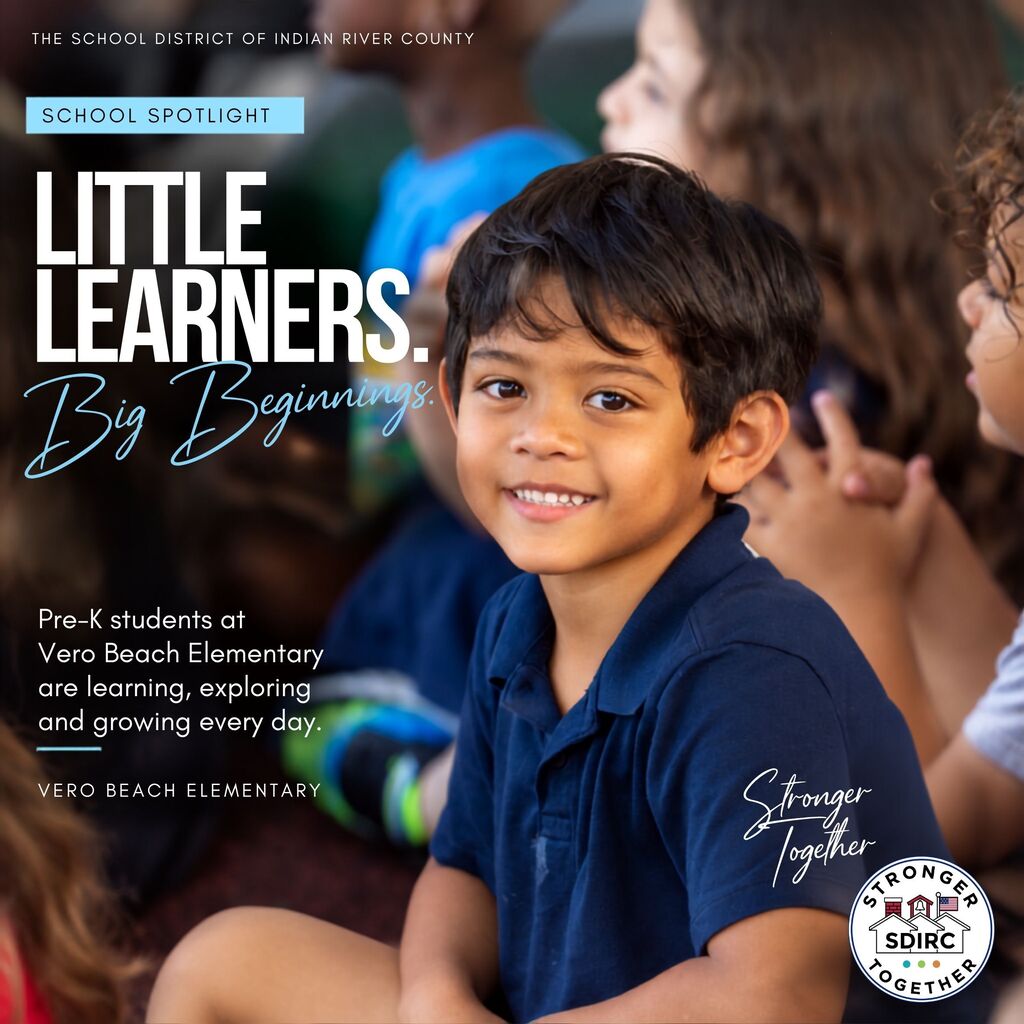 Pre-K student at Vero Beach Elementary smiles in the classroom with classmates in the background. The graphic reads, “School Spotlight: Little Learners. Big Beginnings.” and highlights early learning at Vero Beach Elementary.