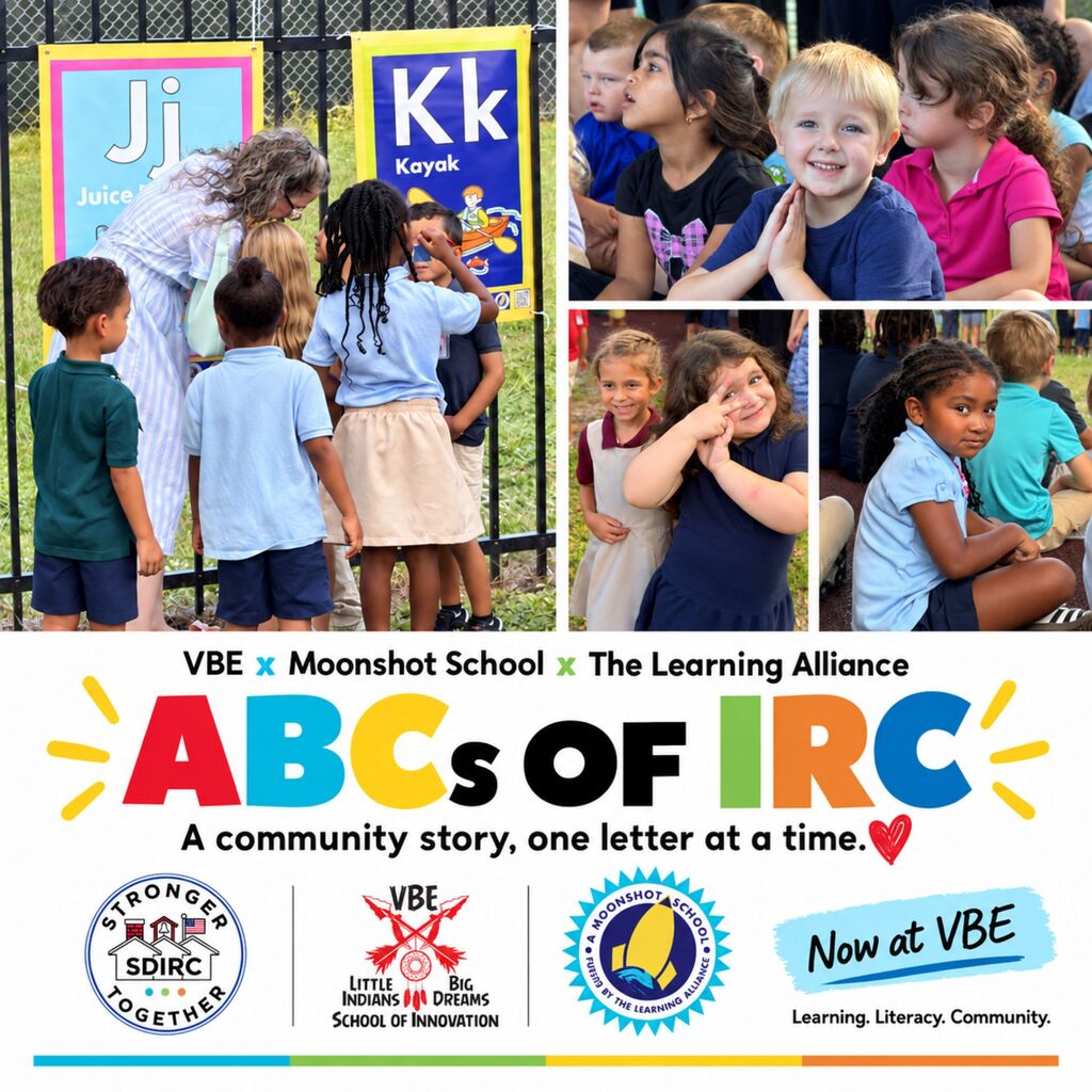 Pre-K student at Vero Beach Elementary smiles in the classroom with classmates in the background. The graphic reads, “School Spotlight: Little Learners. Big Beginnings.” and highlights early learning at Vero Beach Elementary.