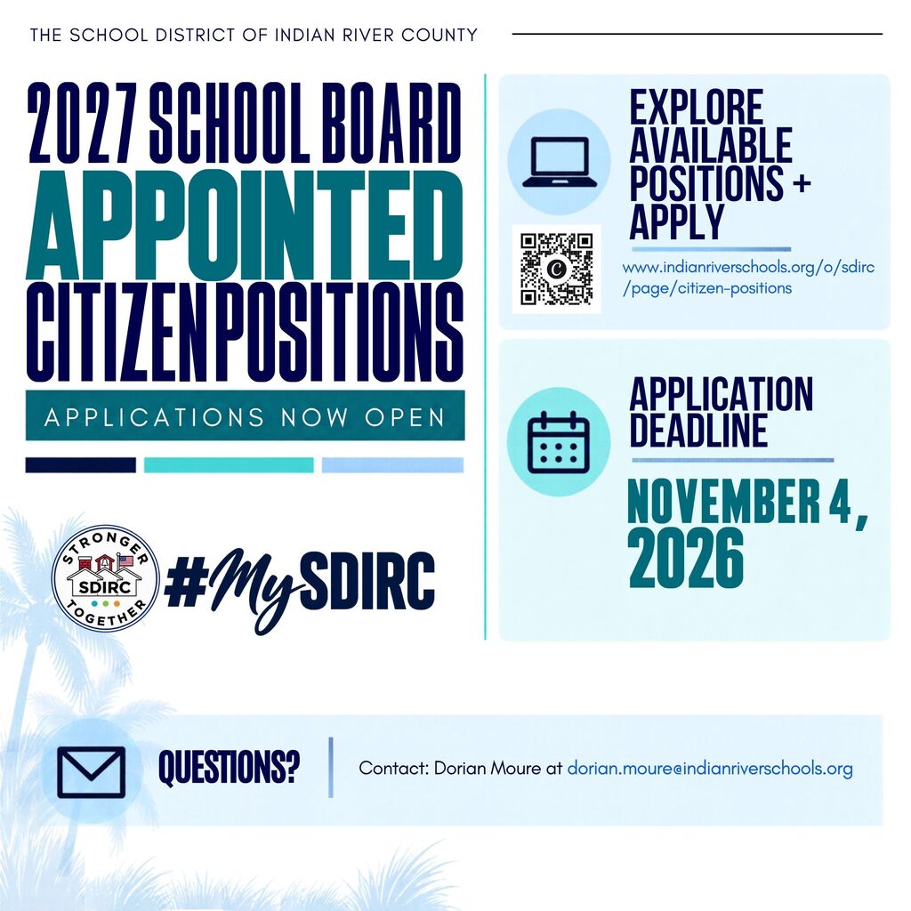 Graphic announcing that applications are open for 2027 School Board Appointed Citizen Positions. Applications are due November 4, 2026.