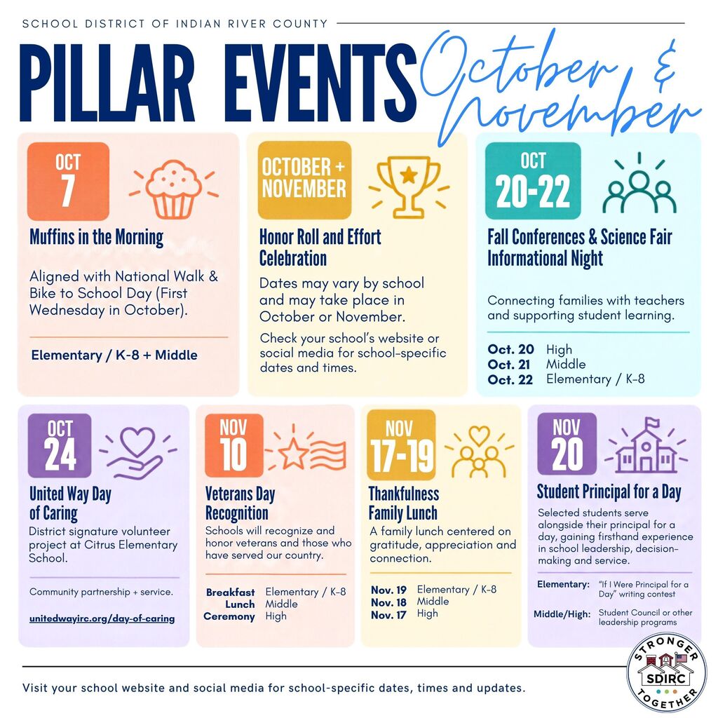 Square School District of Indian River County “Pillar Events: October + November 2026” graphic on a light background with pastel event panels. October events include Muffins in the Morning on October 7 for Elementary, K-8 and Middle schools; Honor Roll and Effort Celebrations, with dates varying by school in October or November; Fall Conferences and Science Fair Informational Night on October 20 for High Schools, October 21 for Middle Schools, and October 22 for Elementary and K-8 Schools; and United Way Day of Caring on October 24 at Citrus Elementary School with volunteer registration information. November events include Veterans Day Recognition on November 10, with breakfast for Elementary and K-8, lunch for Middle, and a ceremony for High Schools; Thankfulness Family Lunch November 17 through 19; and Student Principal for a Day on November 20. Footer reminds families to check school websites and social media for school-specific dates, times and updates.