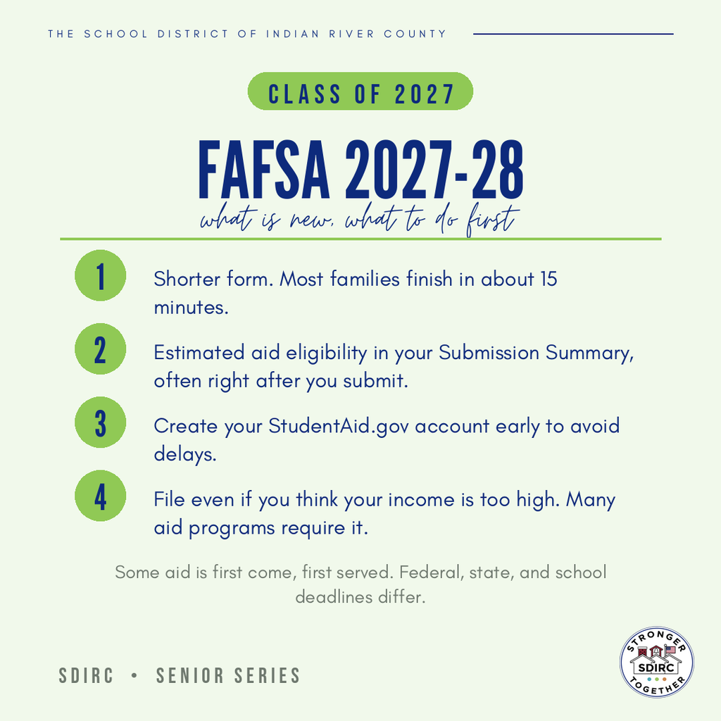 Graphic from the School District of Indian River County. Text reads: Class of 2027. FAFSA 2027-28, what is new, what to do first. 1. Shorter form, most families finish in about 15 minutes. 2. Estimated aid eligibility in your Submission Summary, often right after you submit. 3. Create your StudentAid.gov account early. 4. File even if you think your income is too high. Some aid is first come, first served.