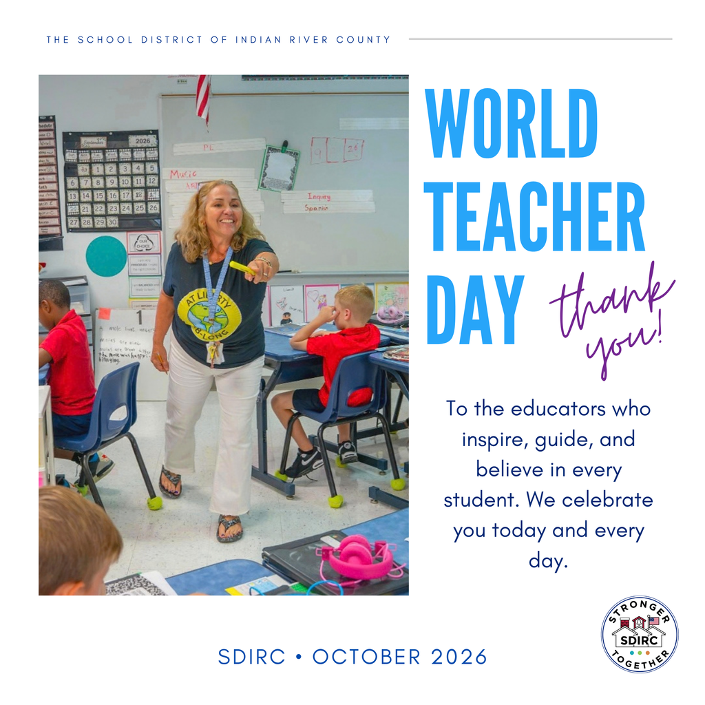 A smiling teacher with her arm extended, teaching students seated at desks in a classroom. Text on the graphic reads: World Teacher Day. Thank you! To the educators who inspire, guide, and believe in every student. We celebrate you today and every day.