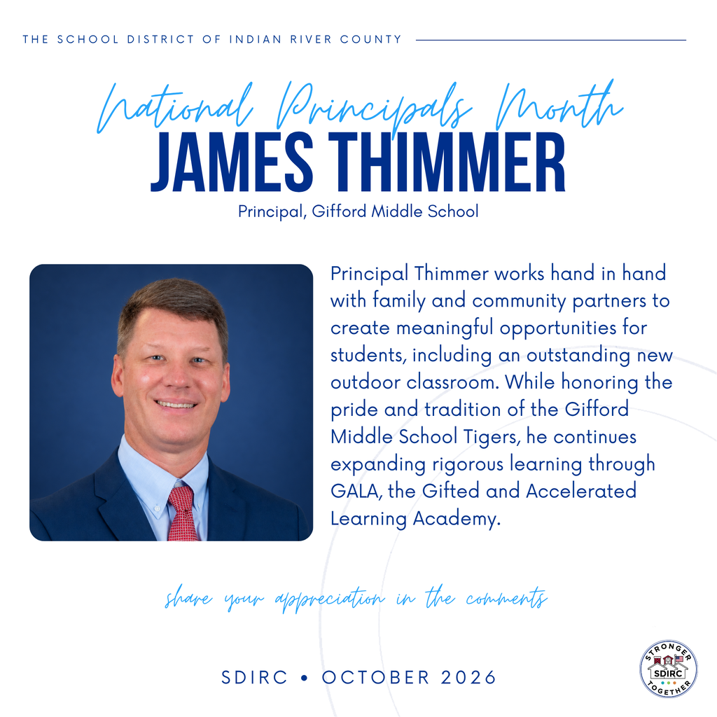 National Principals Month spotlight graphic honoring Principal James Thimmer of Gifford Middle School. A professional headshot appears beside a 50-word tribute paragraph, with the script text "share your appreciation in the comments" and the footer "SDIRC, October 2026."