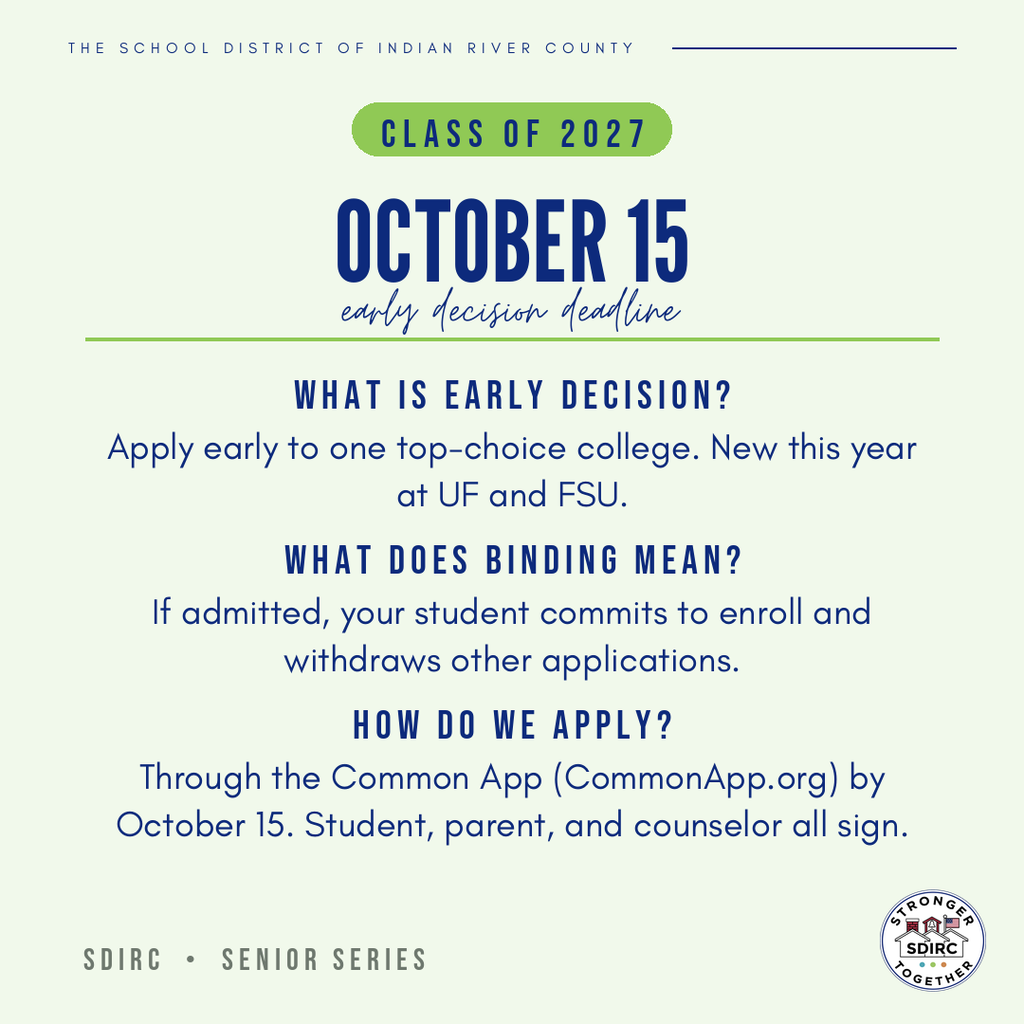 Graphic from the School District of Indian River County. Text reads: Class of 2027. October 15, early decision deadline. What is Early Decision? Apply early to one top-choice college. New this year at UF and FSU. What does binding mean? If admitted, your student commits to enroll and withdraws other applications. How do we apply? Through the Common App at CommonApp.org by October 15. Student, parent, and counselor all sign.
