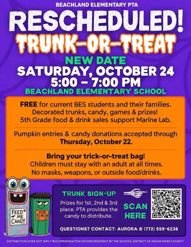 trunk or treat at Beachland Elementary school rescheduled for October 24 from 5 to 7 PM