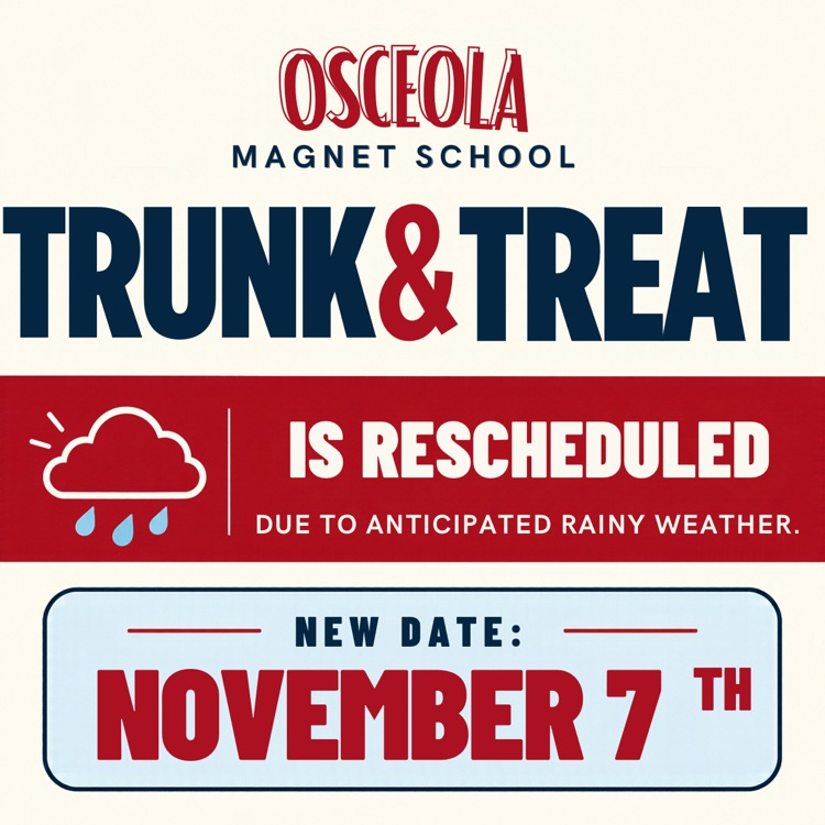 Due to anticipated rainy weather, our Trunk & Treat is rescheduled for November 7th.