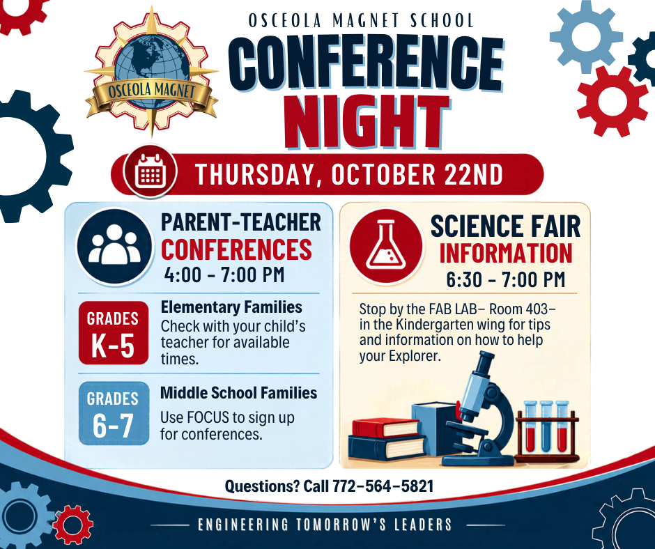 Thursday, October 22nd, from 4-7pm is Parent Teacher Conference night. Don't forget to sign up to meet with your students teacher. Call 564-5821 is you have questions.