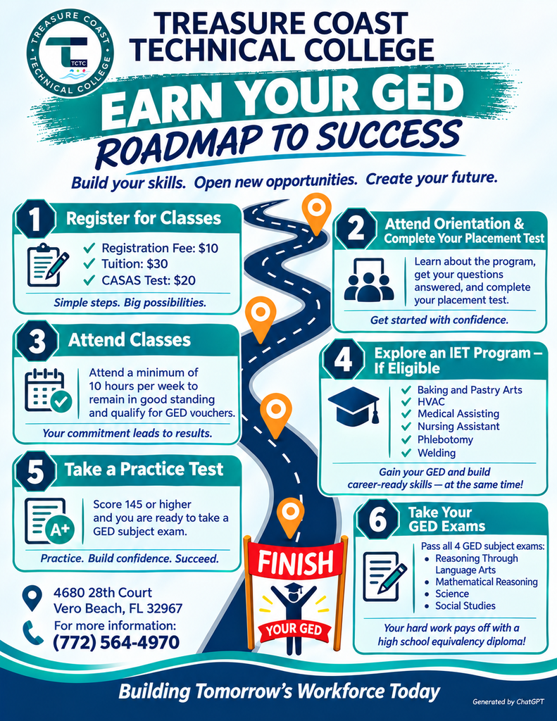 GED flyer with steps to earning a GED