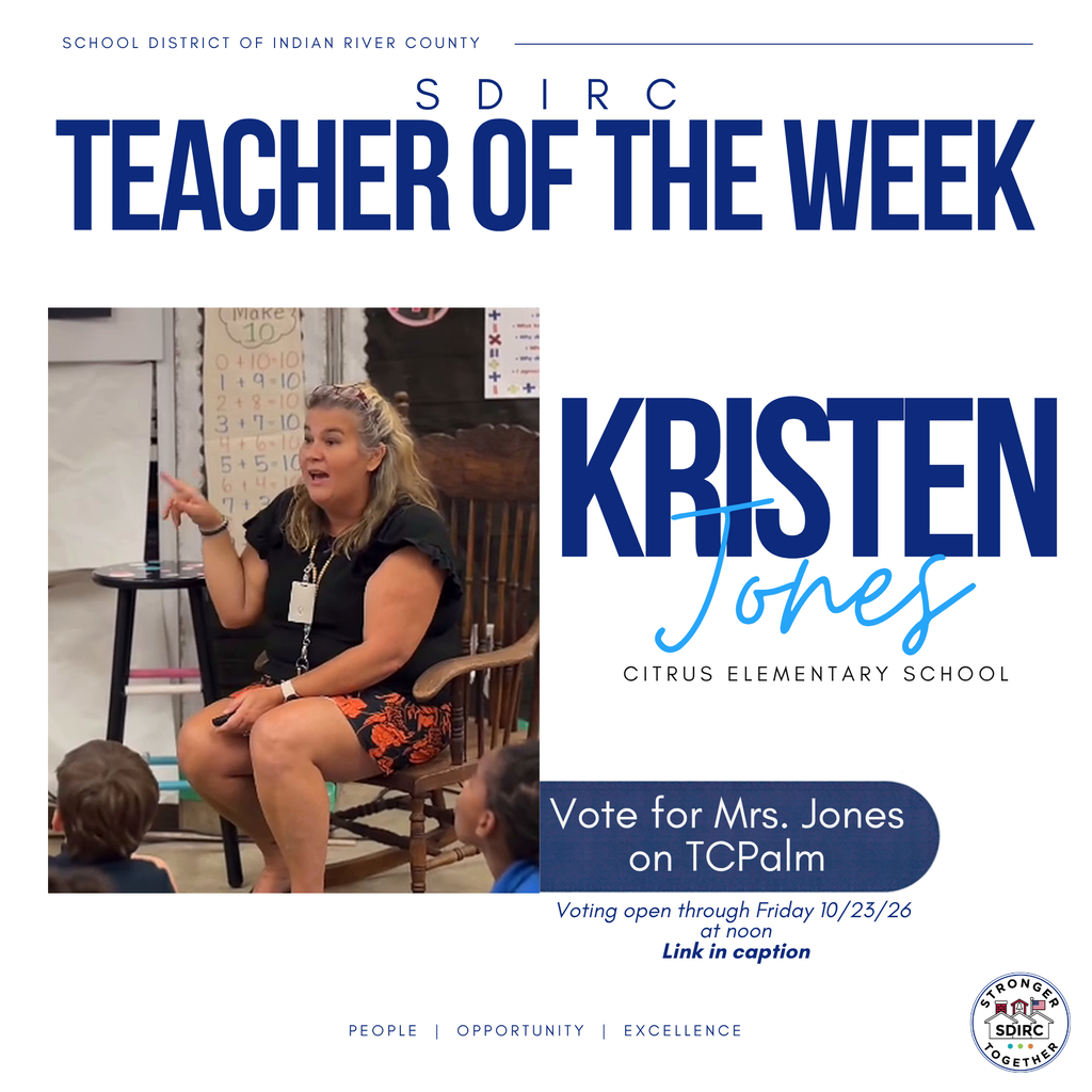 SDIRC Teacher of the Week promotional graphic featuring Kristen Jones of Citrus Elementary School seated in a classroom, engaging with students during instruction. Navy and light blue text encourages the community to vote for Mrs. Jones in TCPalm's Teacher of the Week poll before noon on Friday, October 23, 2026.