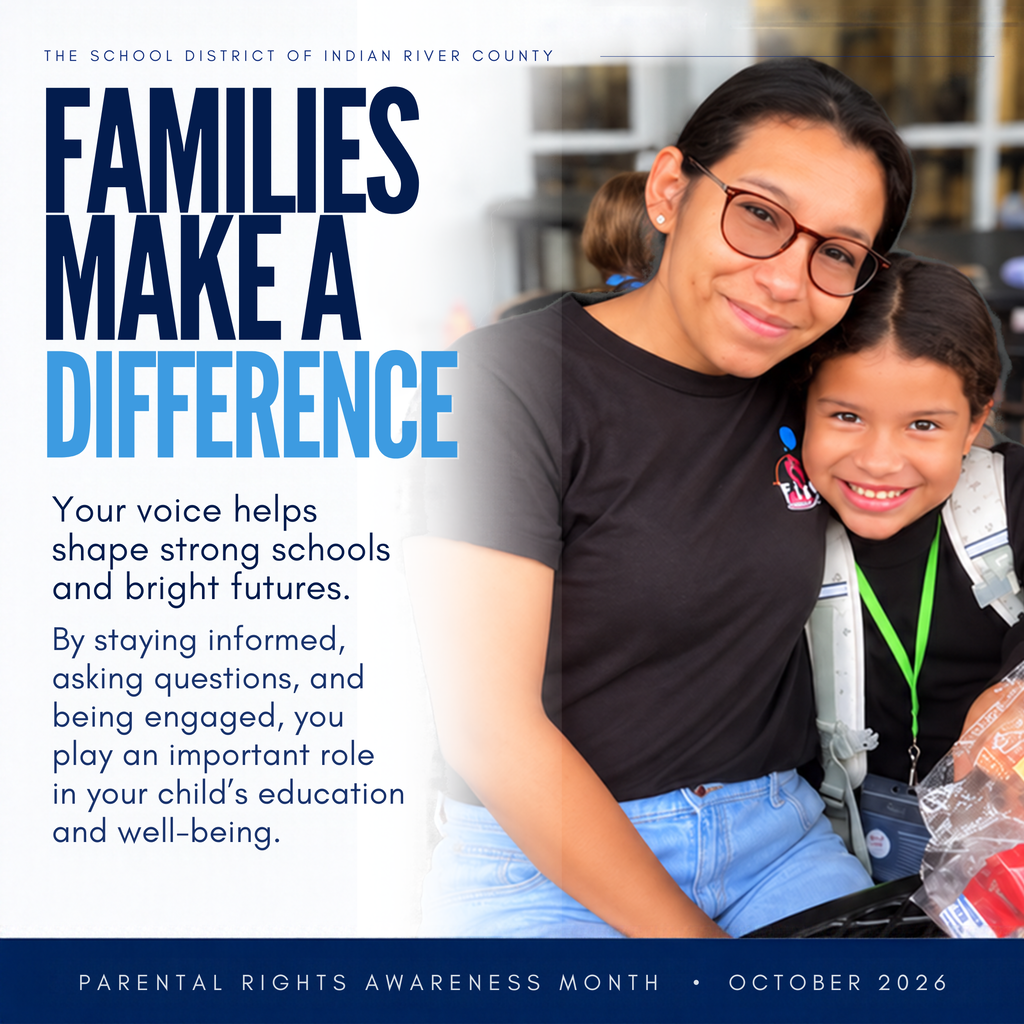 Square SDIRC graphic featuring a smiling woman and young student sitting together outdoors at school. Large navy and blue headline reads “Families Make a Difference.” Supporting text highlights the importance of family involvement in children's education and well-being. A navy footer reads “Parental Rights Awareness Month • October 2026.”