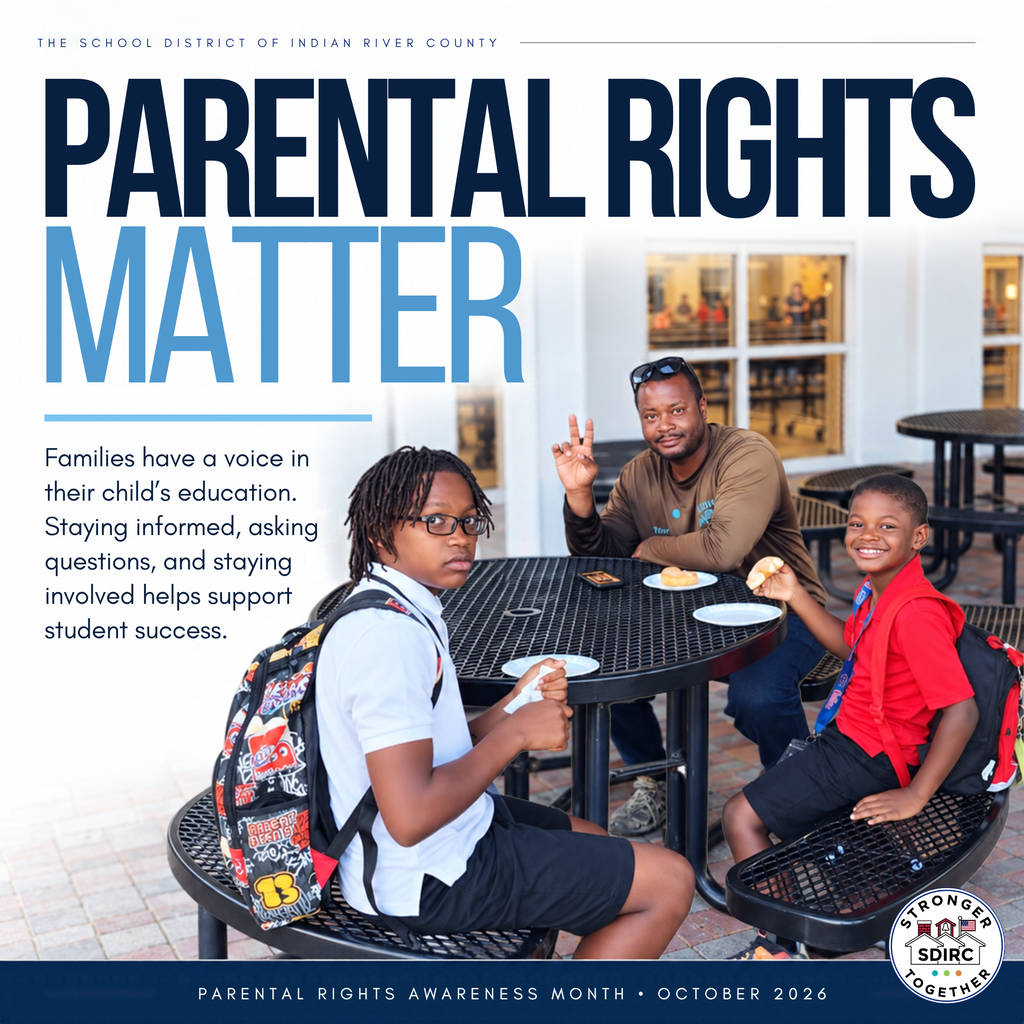 A square School District of Indian River County graphic recognizing Parental Rights Awareness Month in October 2026. The top features the district name in small navy uppercase letters with a thin horizontal line extending to the right. The large editorial headline reads “PARENTAL RIGHTS MATTER,” with “PARENTAL RIGHTS” in dark navy and “MATTER” in light blue. Beneath a light blue accent line, the supporting text reads, “Families have a voice in their child's education. Staying informed, asking questions, and staying involved helps support student success.” The photograph shows an adult man and two school-aged children seated around a black metal picnic table in an outdoor school courtyard. The man smiles toward the camera and raises two fingers in a peace sign. One student wears a white shirt, dark shorts, glasses, and a backpack, while the other wears a red polo shirt and smiles toward the camera. A navy footer displays “PARENTAL RIGHTS AWARENESS MONTH • OCTOBER 2026,” with the circular SDIRC Stronger Together logo at the lower-right corner.