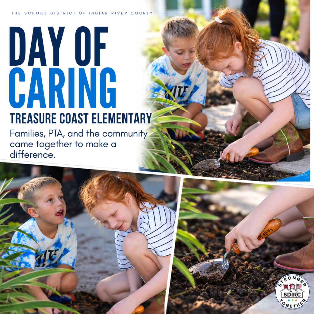 Photographs from United Way of Indian River County’s Day of Caring at Treasure Coast Elementary School show students, families, PTA members, and community volunteers working together to improve the school’s outdoor spaces. Students and adults wear blue-and-white United Way “United Is the Way” shirts as they participate in landscaping and campus beautification activities. Volunteers use rakes, shovels, gardening tools, and a pressure washer to prepare planting beds, remove weeds, tend plants, and clean outdoor furniture. Several photographs capture children kneeling beside flower beds, digging in the soil, and working alongside family members. Other images show volunteers preparing landscaping areas and collaborating around the school grounds. The photographs highlight teamwork, family involvement, community service, and the shared commitment to creating a welcoming school environment.