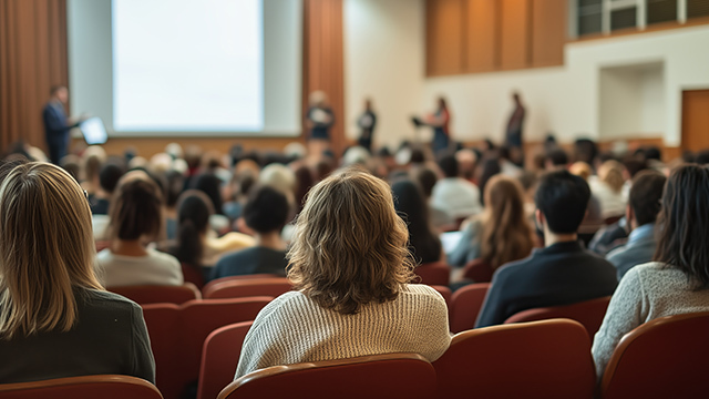 people in auditorium listening to presentation