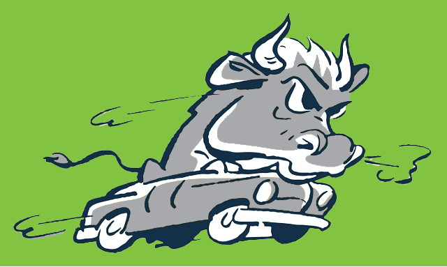 A bull, driving a car, with the words student parking passes