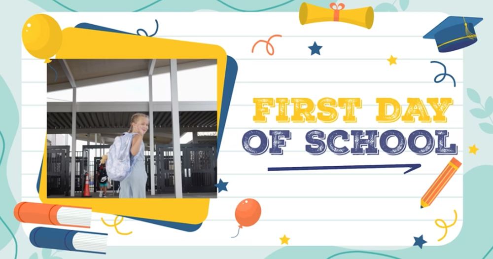 A llittle girl waving behind her with the words, "First Day of School"