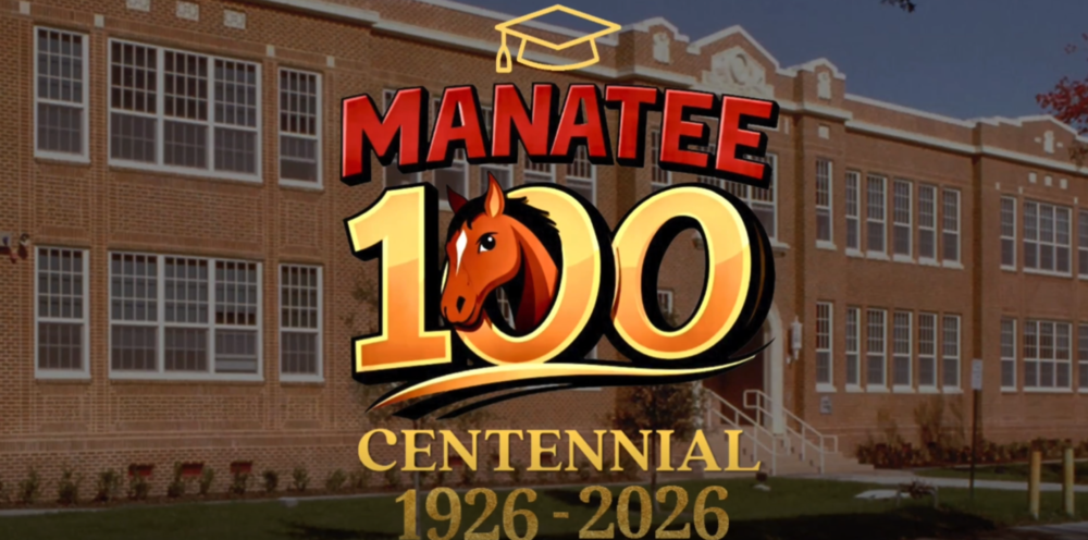 a brick school building with logo reading Manatee 100 Centennial 1926-2026
