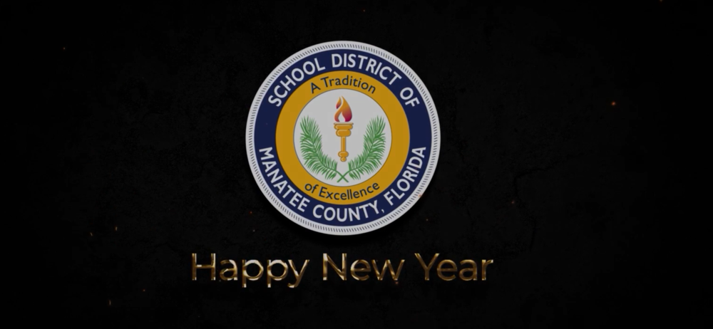 school district logo with black background and the words, "Happy New Year" in gold font.