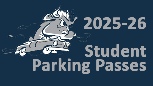 A bull, driving a car, with the words student parking passes