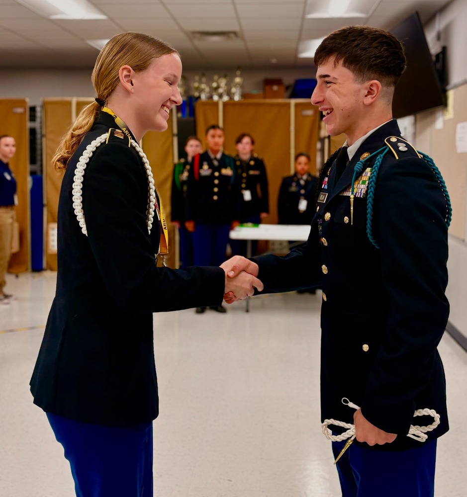 Company Sergeant Major Emma Whitson and Company Commander Brayden Belak at the presentation of cords.