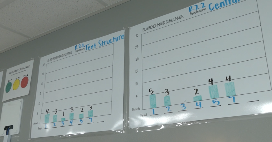charts showing colored dots and blue columns with language arts terminology