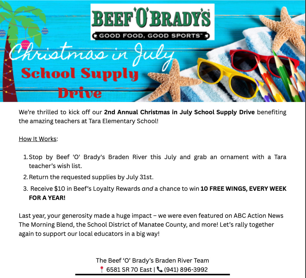 Beef O' Brady's Christmas in July School Supply Drive
