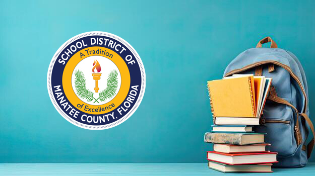 Backpack with books and school district seal
