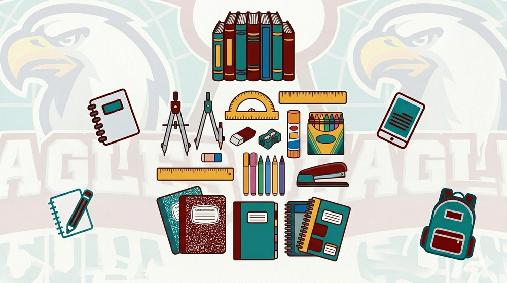 clip art of school supplies with eagle logo in the background