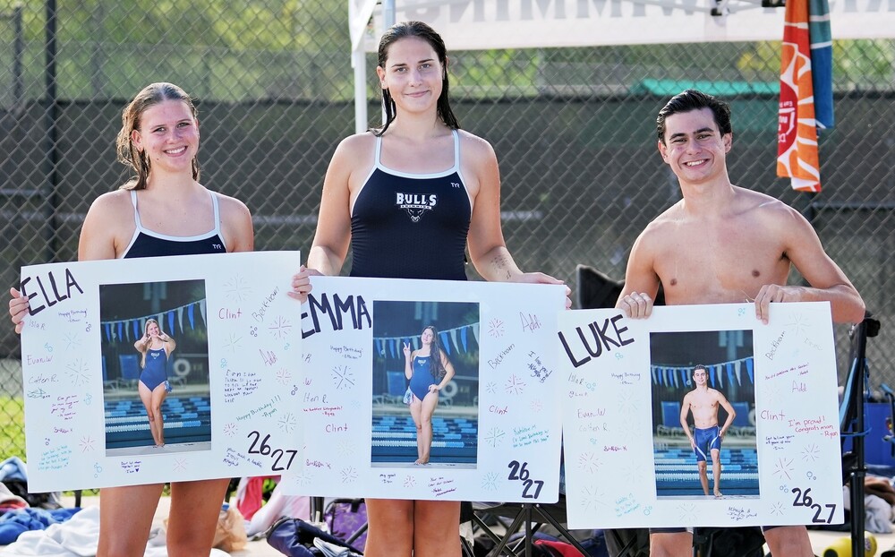 Seniors Ella Stanford, Emma Hutson, and Luke Ferra at 2026 Manatee County Champs
