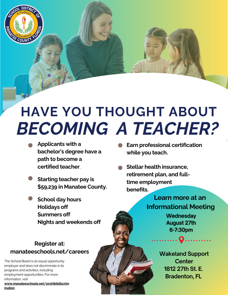 A flyer with a smiling adult and children titled, "Have you thought about becoming a teacher?"