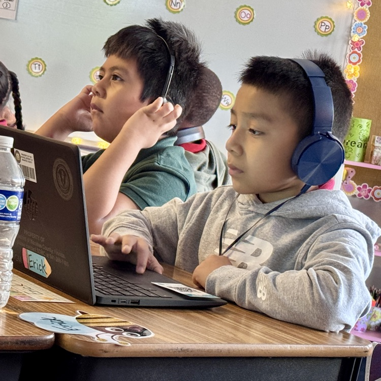 students wearing headphones and working on computer laptop