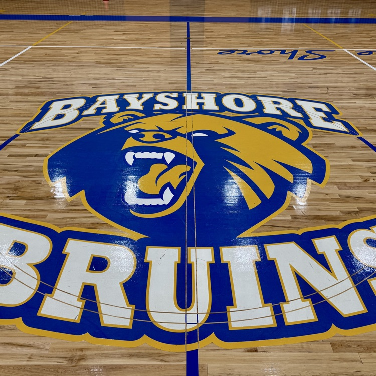 The design of Bayshore high school’s logo on the hardwood basketball gym floor