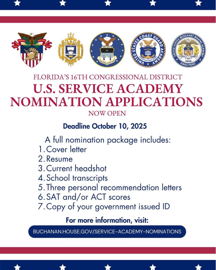 A flyer showing requirements necessary to apply for service academy nominations 